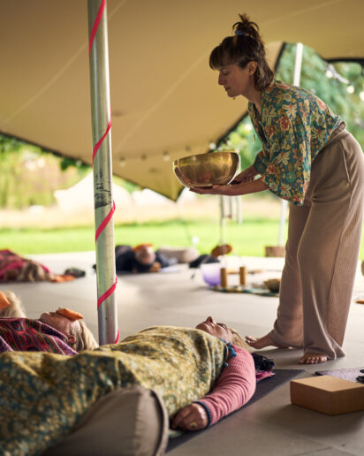Soundbath ceremony at a yoga retreat photoshoot