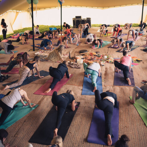 Group of people posing at a yoga festival