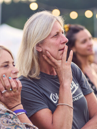 Yogis deciding what to get at a yoga festival