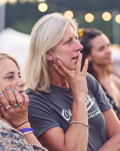 Yogis deciding what to get at a yoga festival