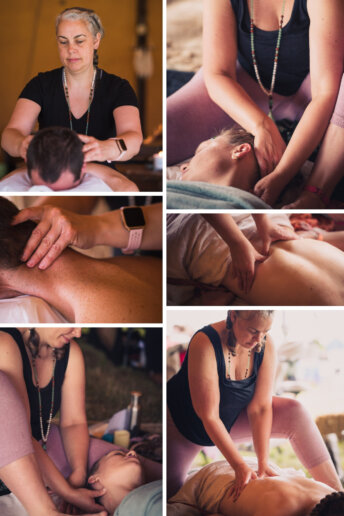 Massage therapist having her mini branding photoshoot at a yoga festival
