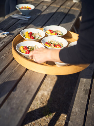 Breakfast being served at a yoga retreat