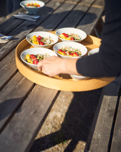 Breakfast being served at a yoga retreat