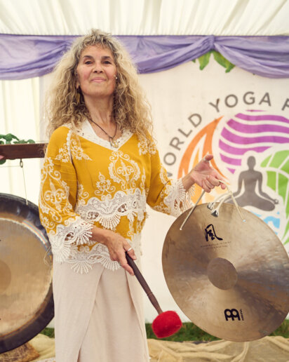 Yoga instructor playing her instruments